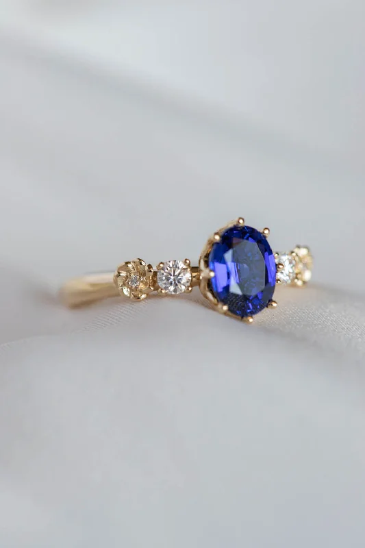 Royal blue sapphire engagement ring, flower promise ring with lab sapphire and diamonds / Fiorella