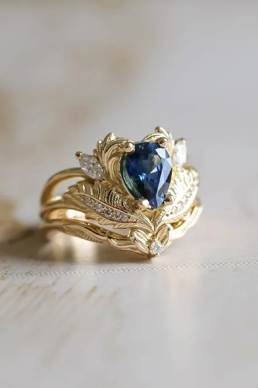 Royal blue sapphire engagement ring set, gorgeous bridal ring set / Adonis