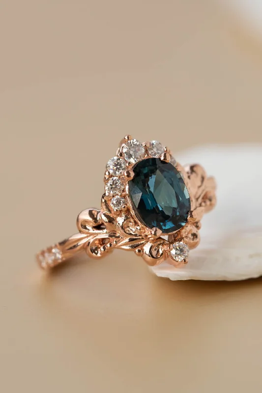 Sapphire rose gold engagement ring, half halo diamond gold proposal ring / Sophie