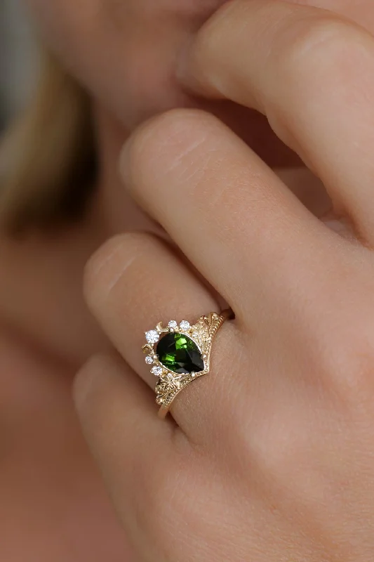 Tourmaline and diamonds engagement ring, green stone proposal ring / Ariadne