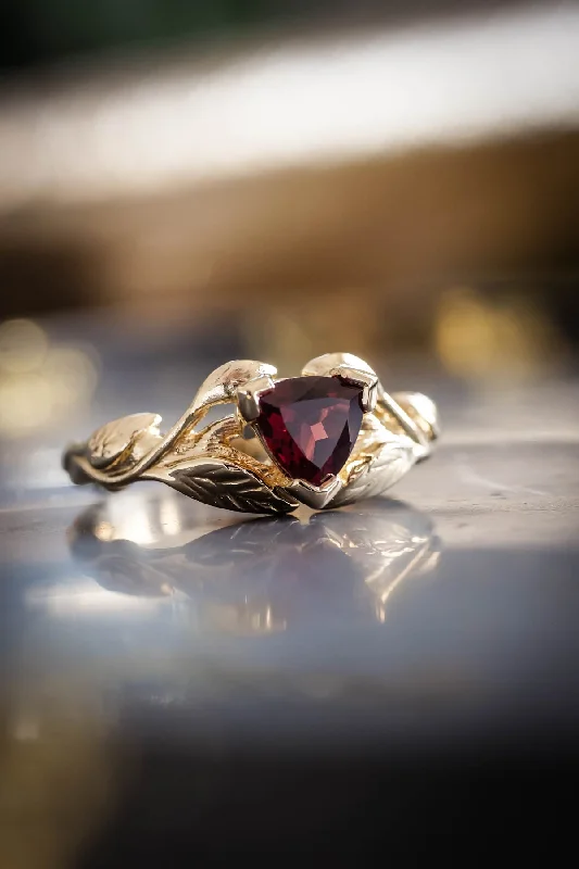 Trillion garnet engagement ring, nature inspired gold ring / Clematis