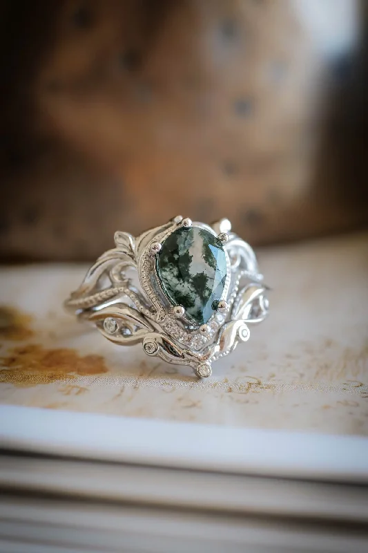 Unique moss agate bridal ring set, alternative engagement ring set / Lida