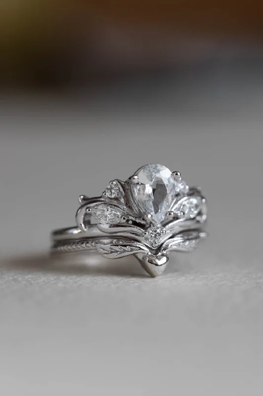 White sapphire gold engagement ring set, nature themed promise ring / Swanlake