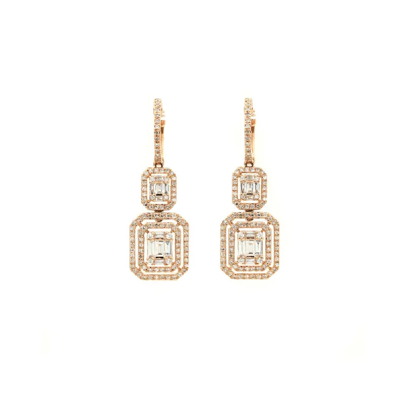 14k Rose Gold Diamond Pave and Baguette Diamond Double Drop Earrings