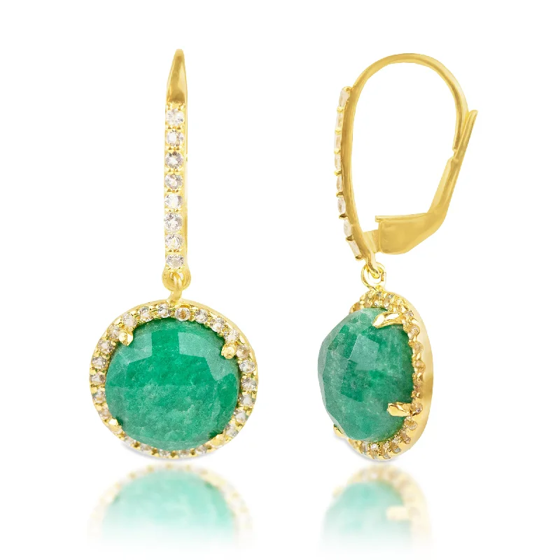 18K Gold Plated Genuine Emerald Round Cut Dangle Drop Earrings With White Topaz Accents