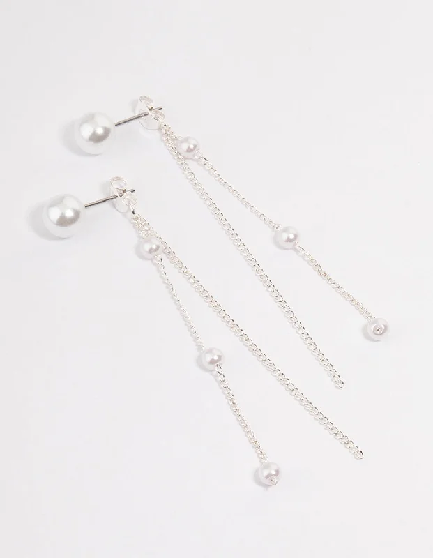 Rhodium Pearl Cupchain Sandwich Drop Earrings