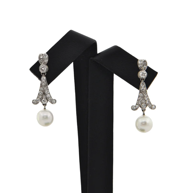 Antique Art Deco Diamond, Pearl Drop Earrings