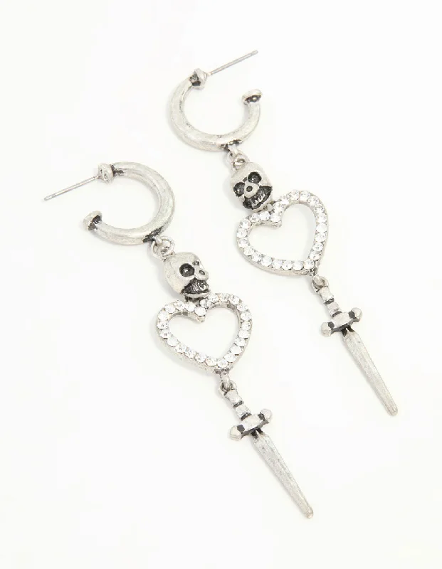 Antique Silver Heart & Skull Dagger Drop Earrings