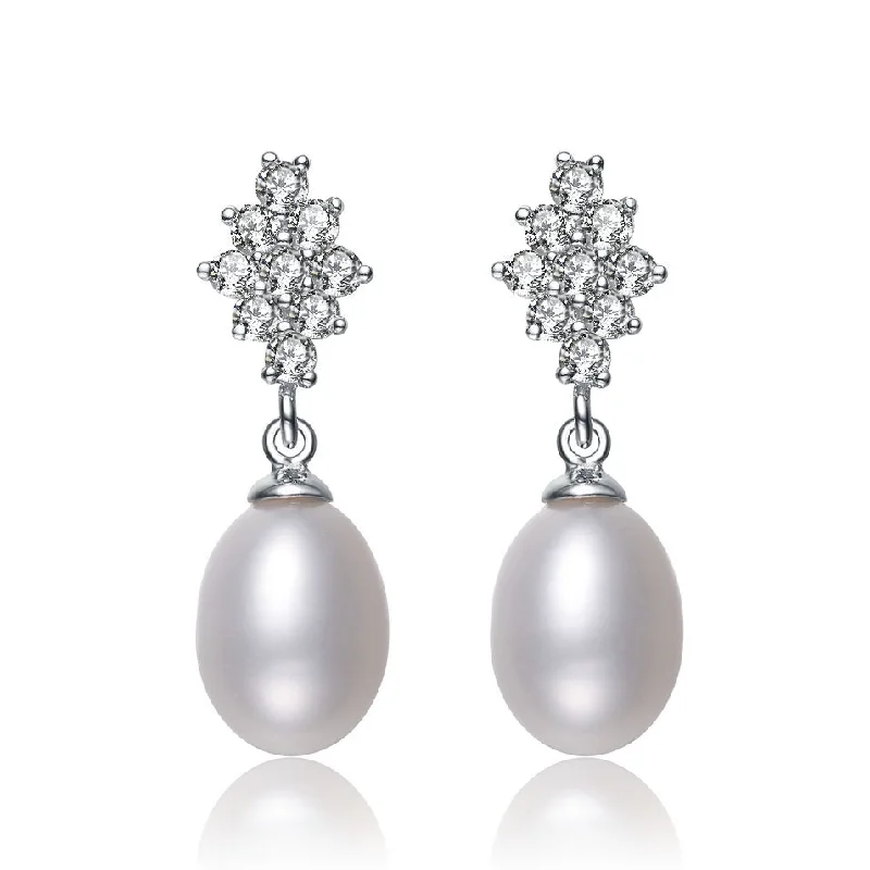 Cubic Zirconia Sterling Silver Rhodium Plated Pearl Drop Earrings