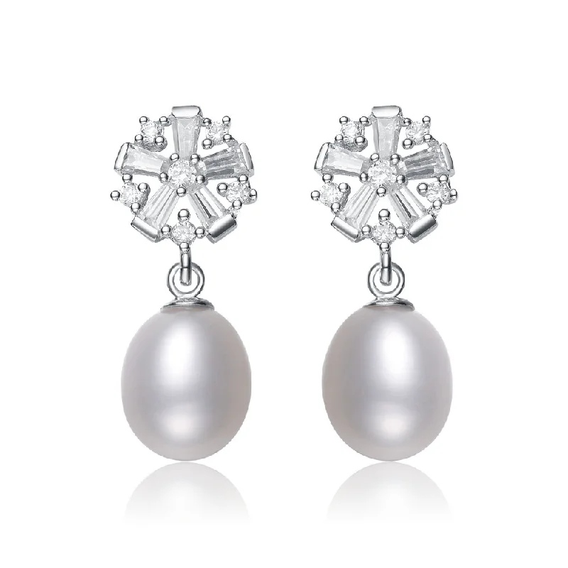 Cubic Zirconia Sterling Silver Rhodium Plated Pearl Drop Earrings