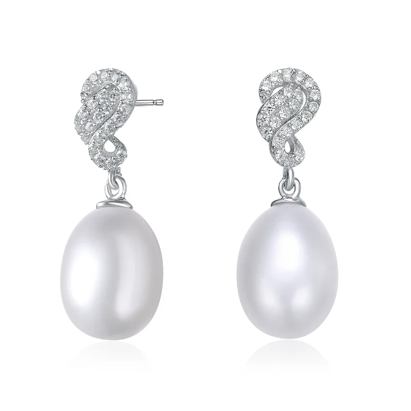 Cubic Zirconia Sterling Silver Rhodium Plated Swirl Design White Pearl Drop Earrings