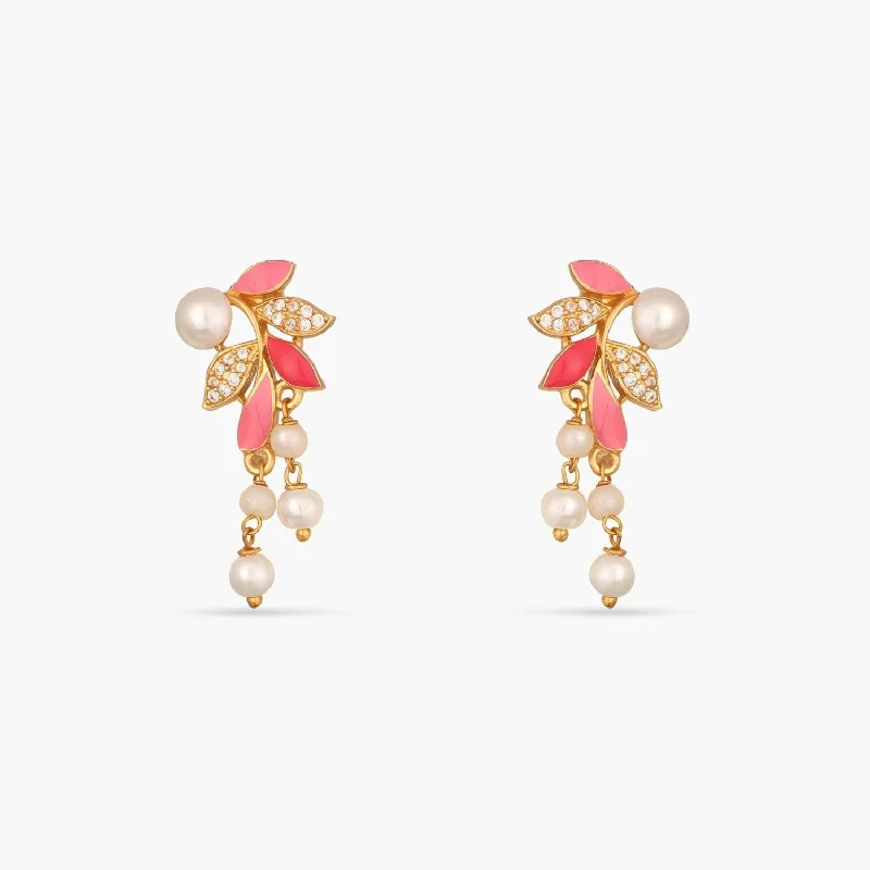 Eriha Pearl CZ Pink Leaf Drop Earrings