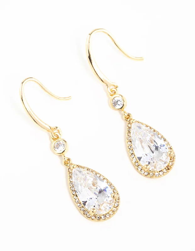 Gold Plated Large Teardrop Cubic Zirconia Drop Earrings