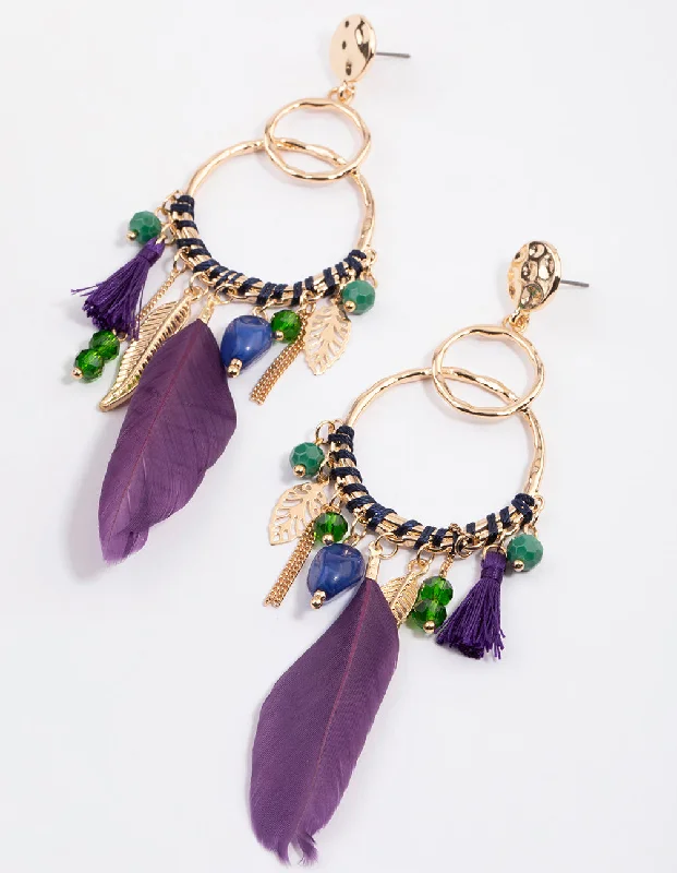 Gold Stone Tassel Drop Earrings