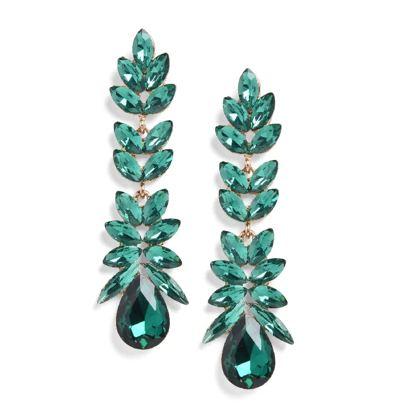 Green Stone Studded Leaf Contemporary Drop Earrings