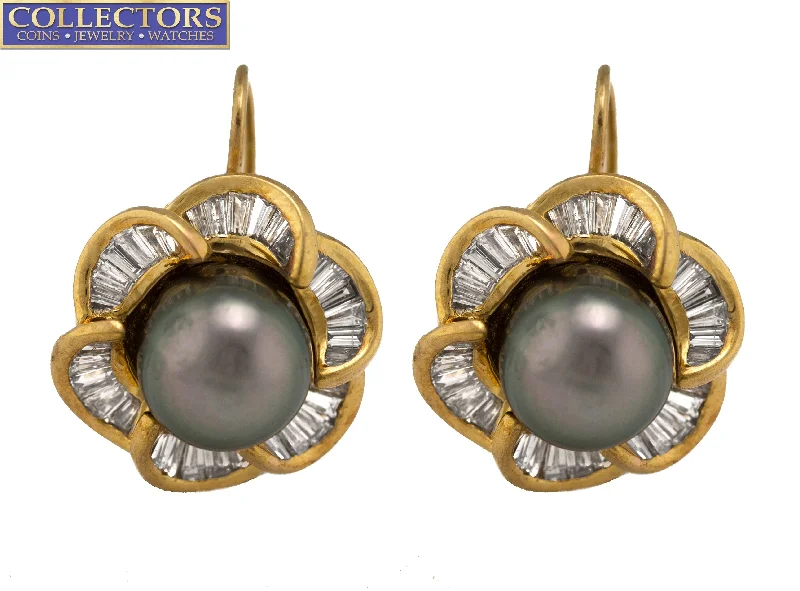 Ladies 14K Yellow Gold 0.84ctw Tahitian Pearl Baguette Cut Diamond Drop Earrings