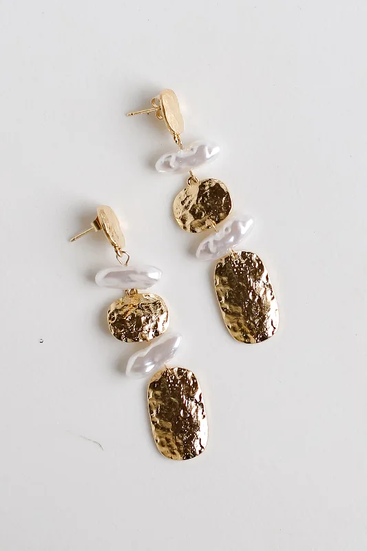 FINAL SALE - Laurel Gold Hammered Pearl Drop Earrings