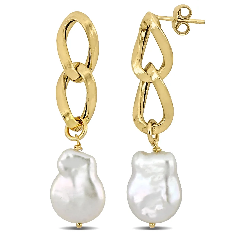 Mimi & Max 12-13mm Cultured Freshwater Keshi Pearl Link Drop Earrings in Yellow Plated Sterling Silver