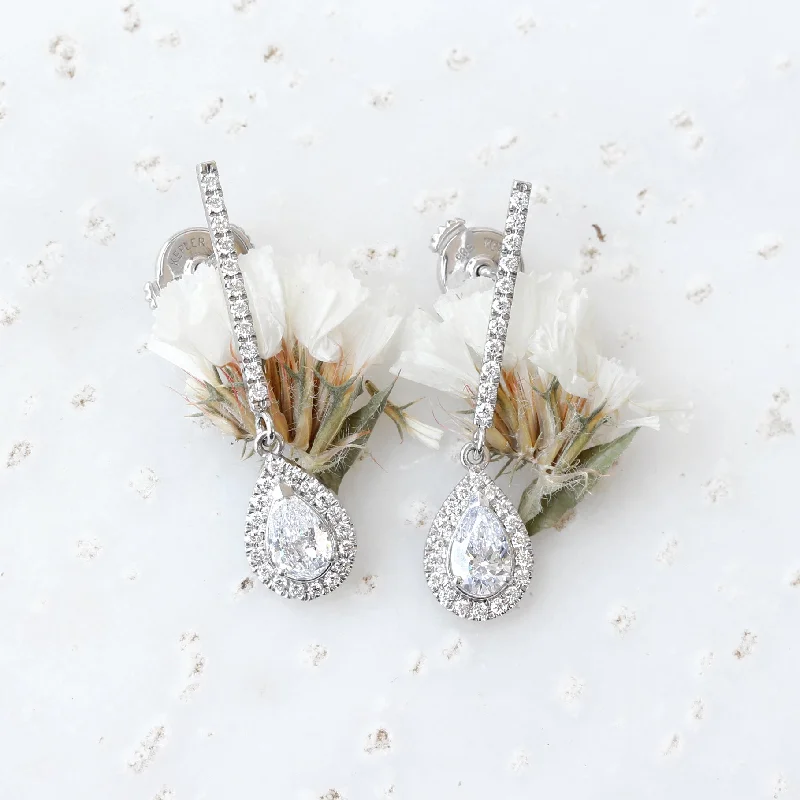 Pear diamond halo drop earrings