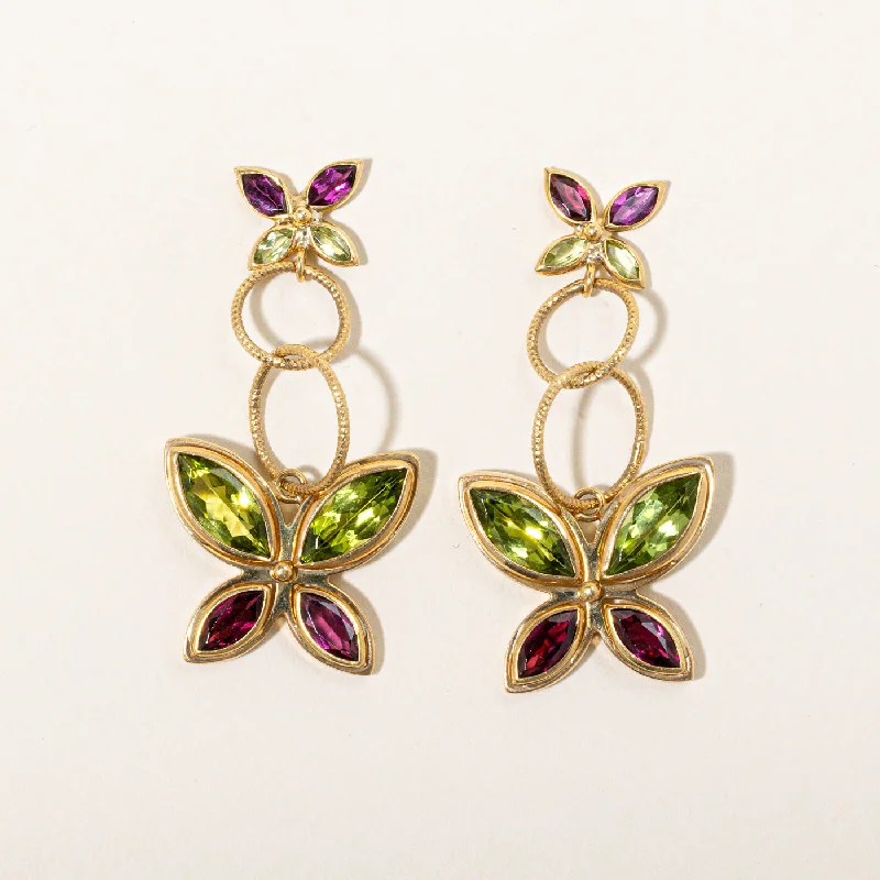 Peridot & Garnet Butterfly Drop Earrings | 6.93ctw, 2.46ctw |