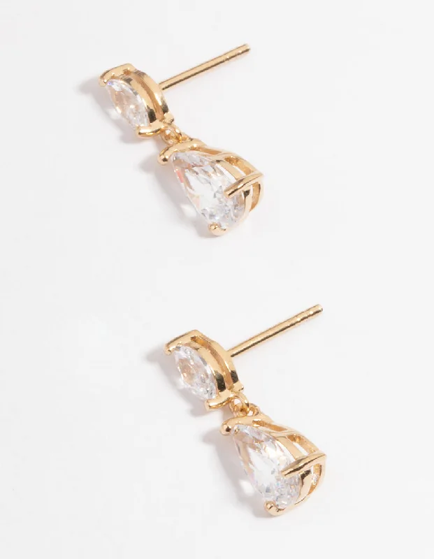 Gold Plated Sterling Silver Cubic Zirconia Marquise Drop Earrings