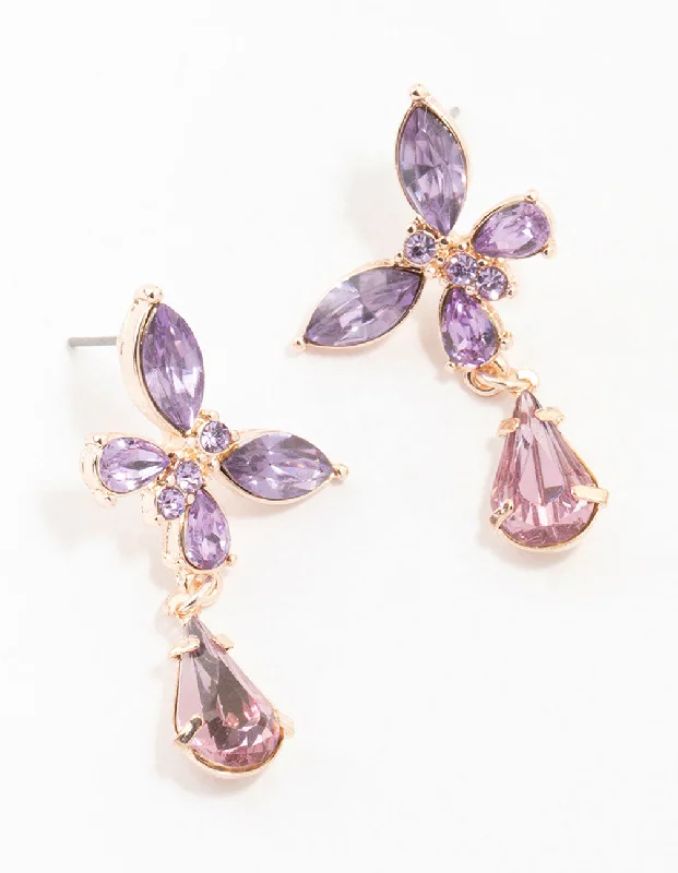 Rose Gold Diamante Purple Butterfly Pear Drop Earrings