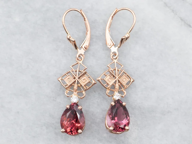 Rose Gold Pink Tourmaline Drop Earrings with Diamond Accents