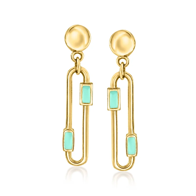 Ross-Simons 14kt Yellow Gold and Green Enamel Paper Clip Link Drop Earrings