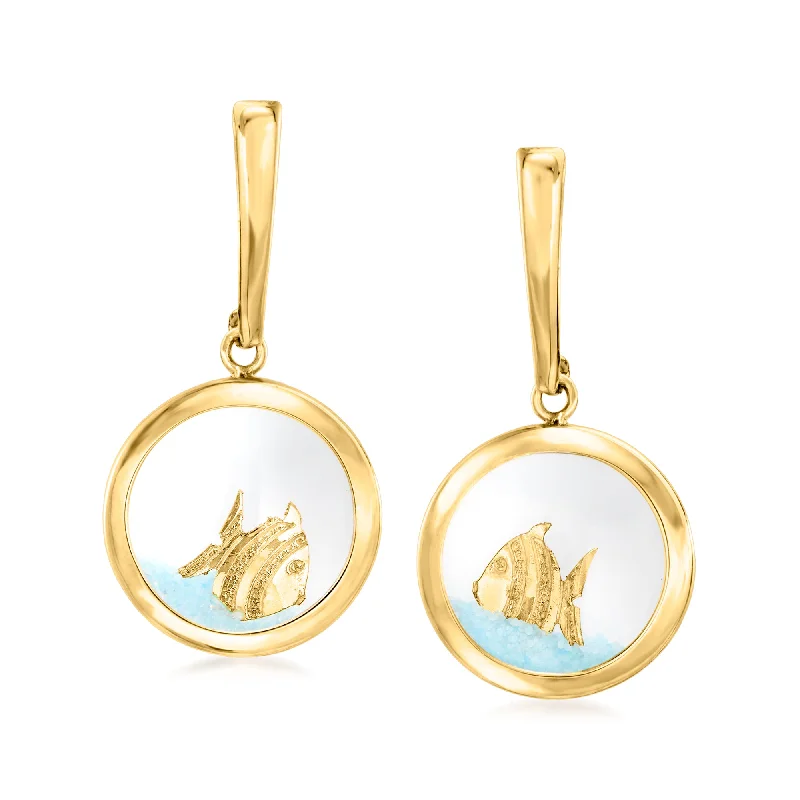 Ross-Simons 14kt Yellow Gold Fish and Blue Sand in Glass Drop Earrings