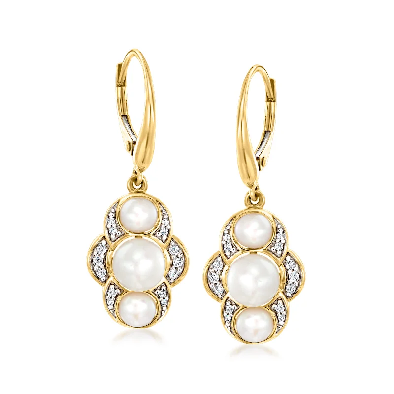 Ross-Simons 4-6.5mm Cultured Pearl and . Diamond Drop Earrings in 14kt Yellow Gold