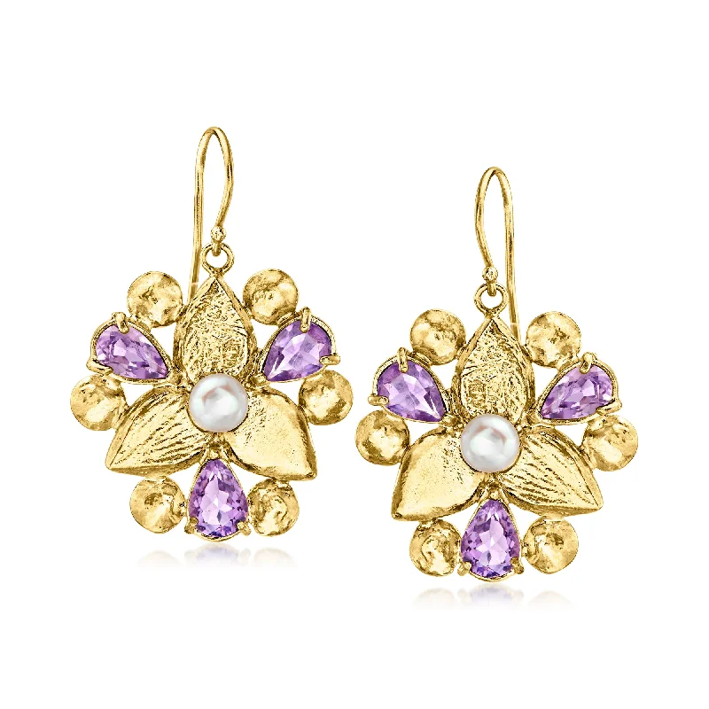 Ross-Simons 5.5-6mm Cultured Pearl and Amethyst Flower Drop Earrings in 18kt Gold Over Sterling