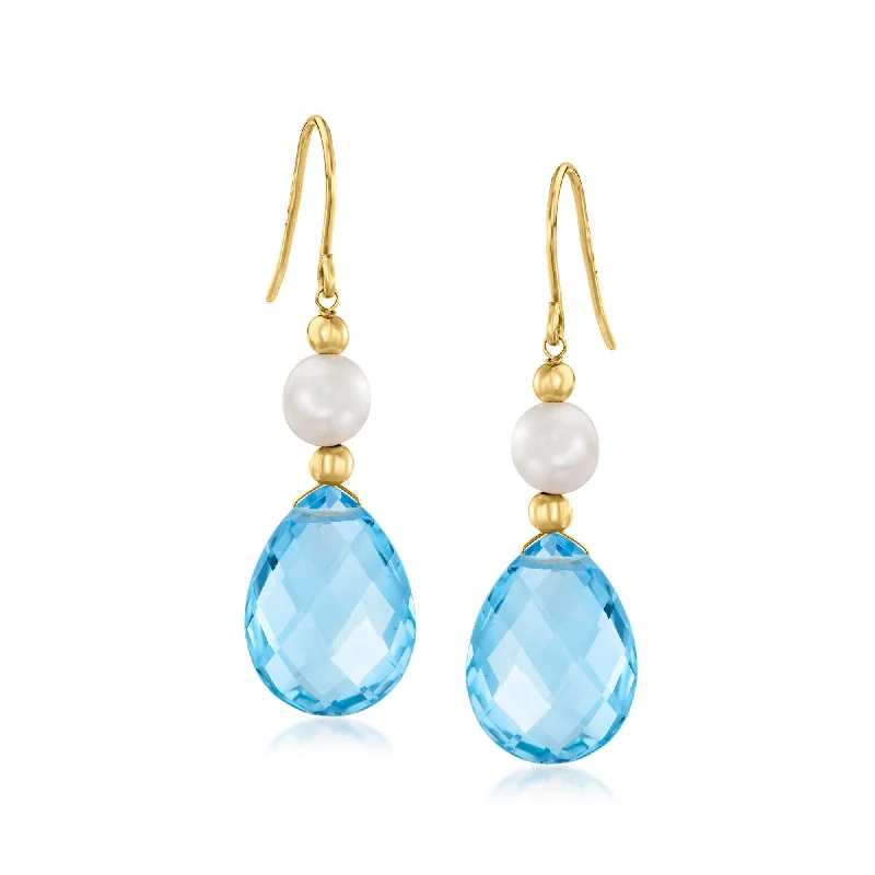 Ross-Simons 6-7mm Cultured Pearl and Swiss Blue Topaz Drop Earrings in 14kt Yellow Gold