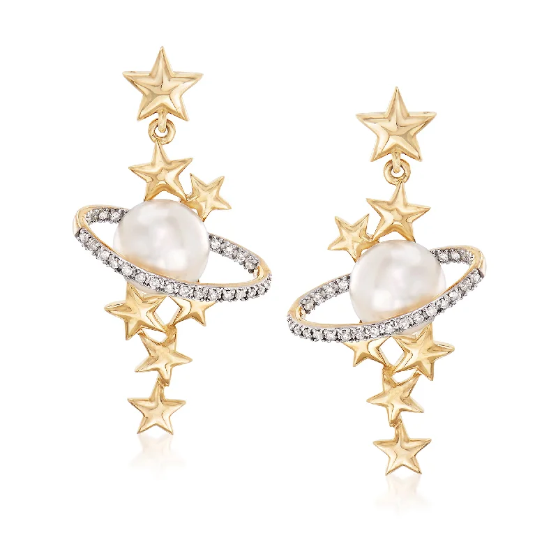 Ross-Simons 7.5-8mm Cultured Pearl and . Diamond Star and Planet Drop Earrings in 14kt Yellow Gold