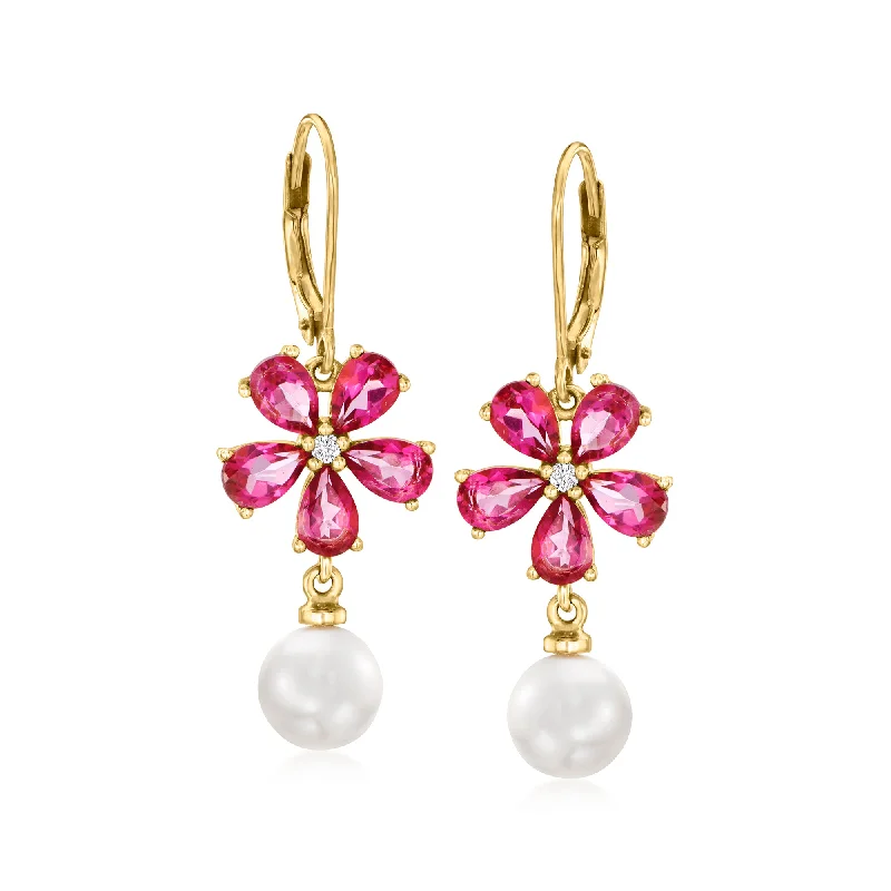 Ross-Simons 7.5-8mm Cultured Pearl and . Pink Topaz Flower Drop Earrings With White Topaz Accents in 18kt Gold Over Sterling