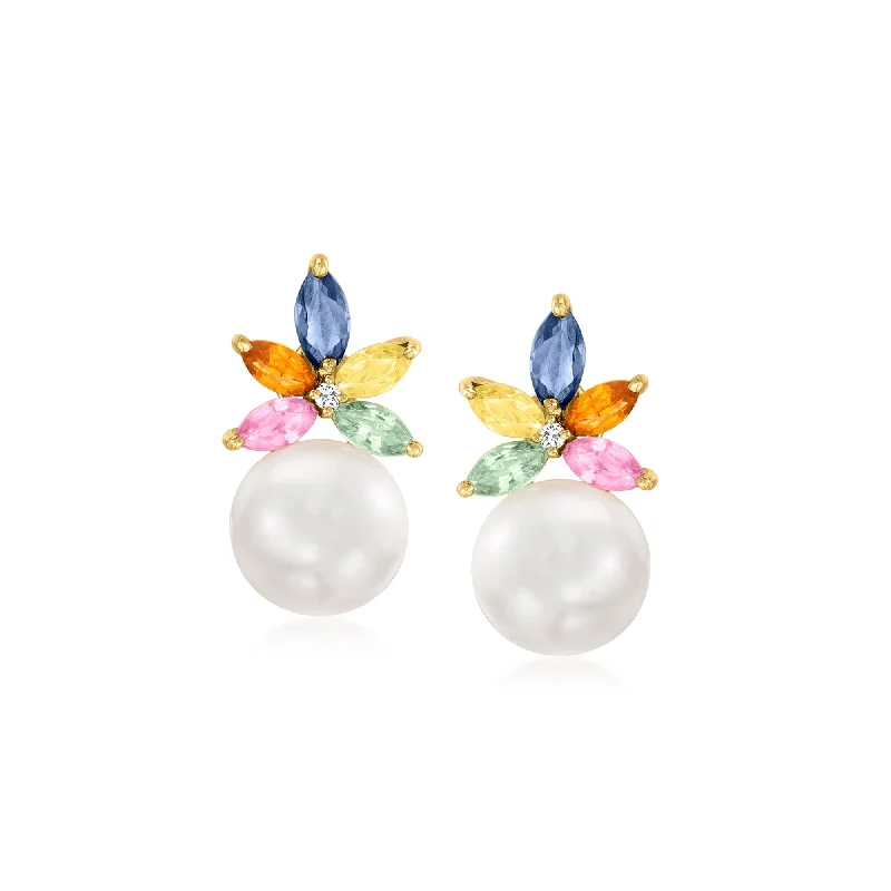 Ross-Simons 7-7.5mm Cultured Pearl and Multicolored Sapphire Drop Earrings With Diamond Accents in 14kt Yellow Gold