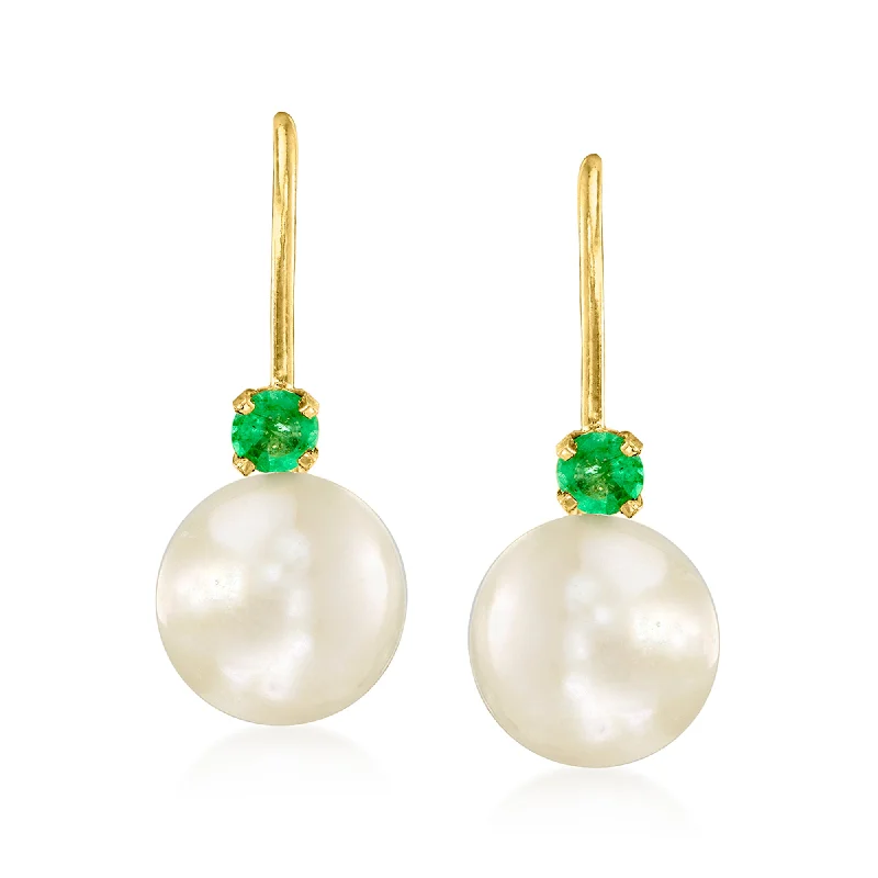 Ross-Simons 7-7.5mm Cultured Pearl Drop Earrings With . Emeralds in 14kt Yellow Gold