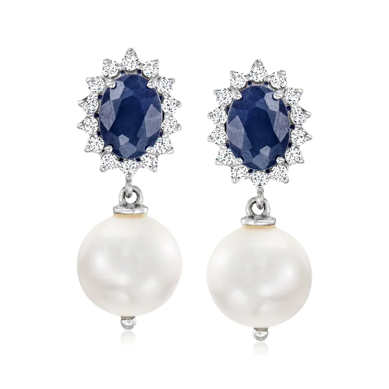 Ross-Simons 8.5-9mm Cultured Pearl and Sapphire Drop Earrings With . Diamonds in 14kt White Gold