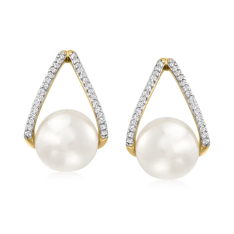 Ross-Simons 8-8.5mm Cultured Pearl and . Diamond Drop Earrings in 14kt Yellow Gold