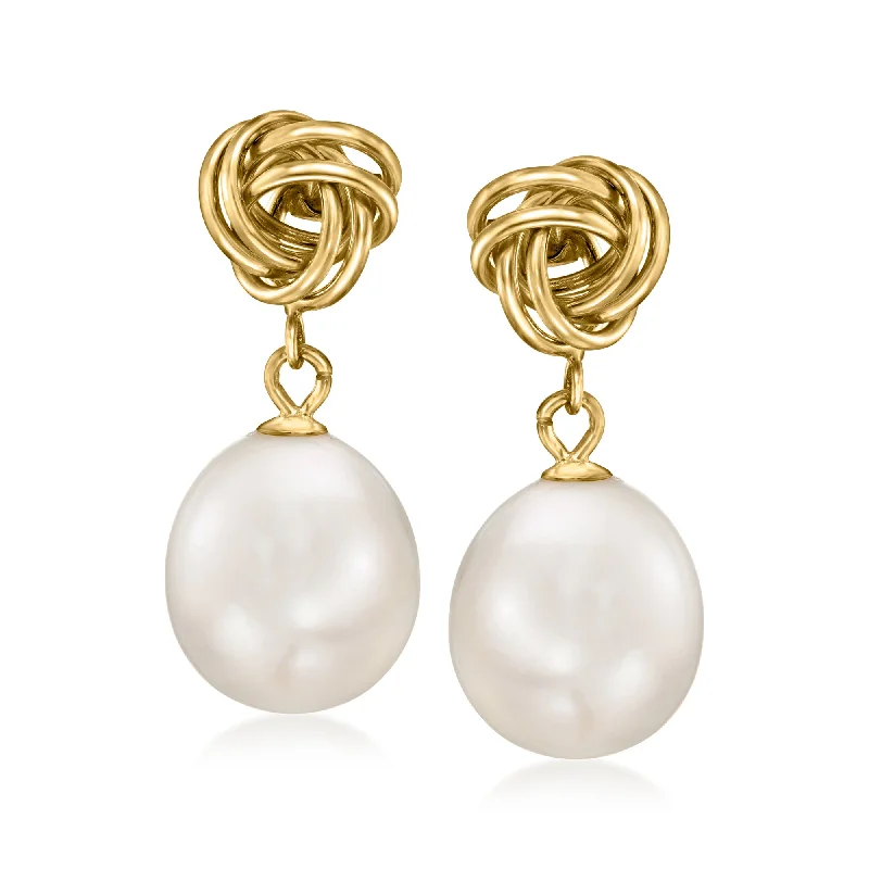 Ross-Simons 8-9mm Cultured Pearl Love Knot Drop Earrings in 14kt Yellow Gold