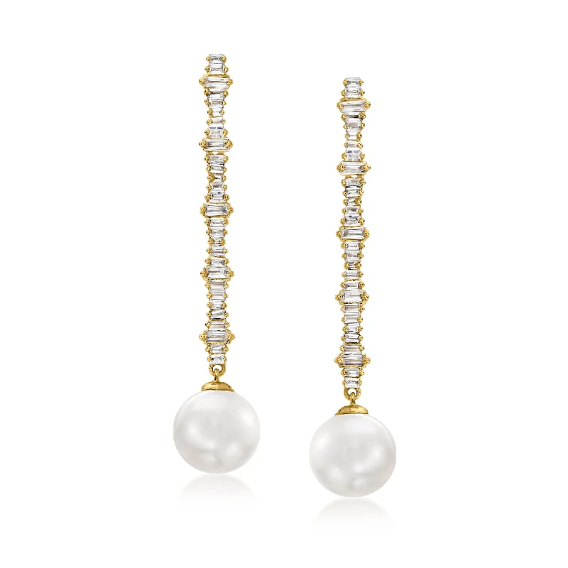 Ross-Simons 8mm Cultured Pearl and . Diamond Drop Earrings in 14kt Yellow Gold