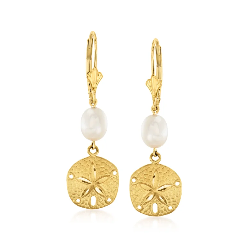 Ross-Simons 8x6mm Cultured Pearl Sand Dollar Drop Earrings in 14kt Yellow Gold