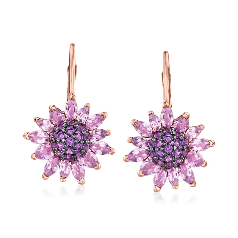 Ross-Simons Amethyst Flower Drop Earrings in 18kt Rose Gold Over Sterling