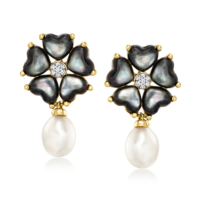 Ross-Simons Black Mother-Of-Pearl and 6-6.5mm Cultured Pearl Flower Drop Earrings With Diamond Accents in 18kt Yellow Gold Over Sterling