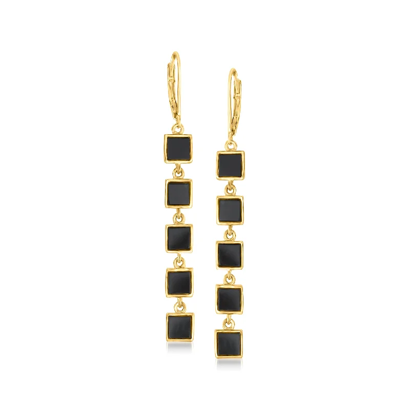 Ross-Simons Black Onyx Square-Link Drop Earrings in 18kt Gold Over Sterling