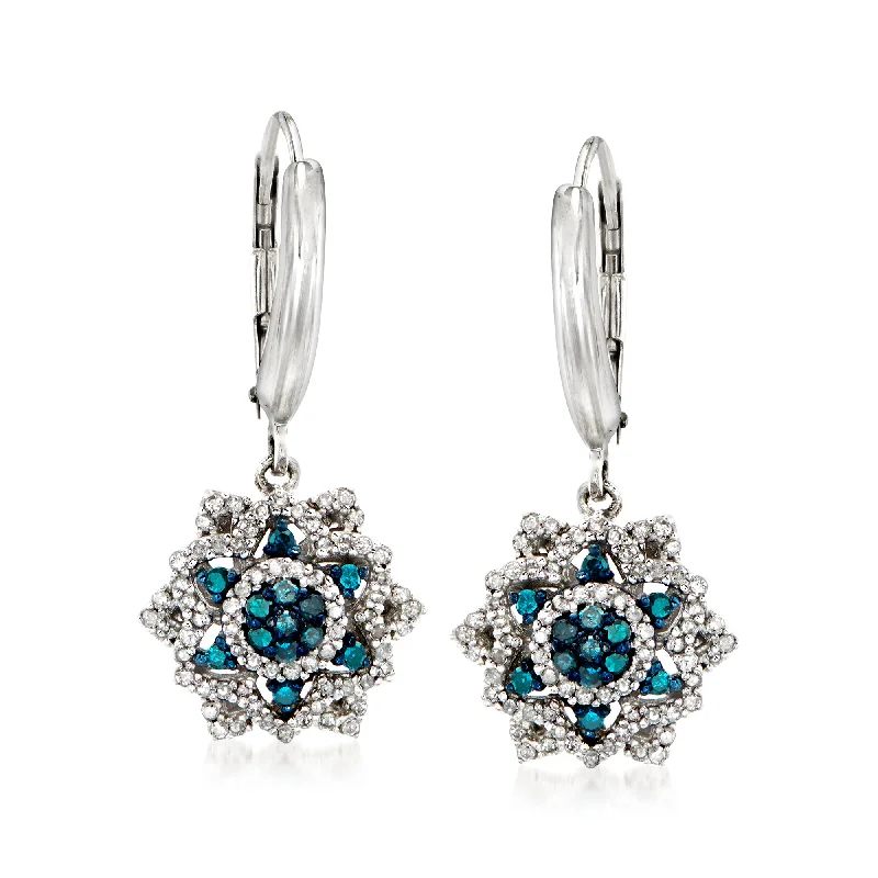 Ross-Simons Blue and White Diamond Flower Drop Earrings in Sterling Silver