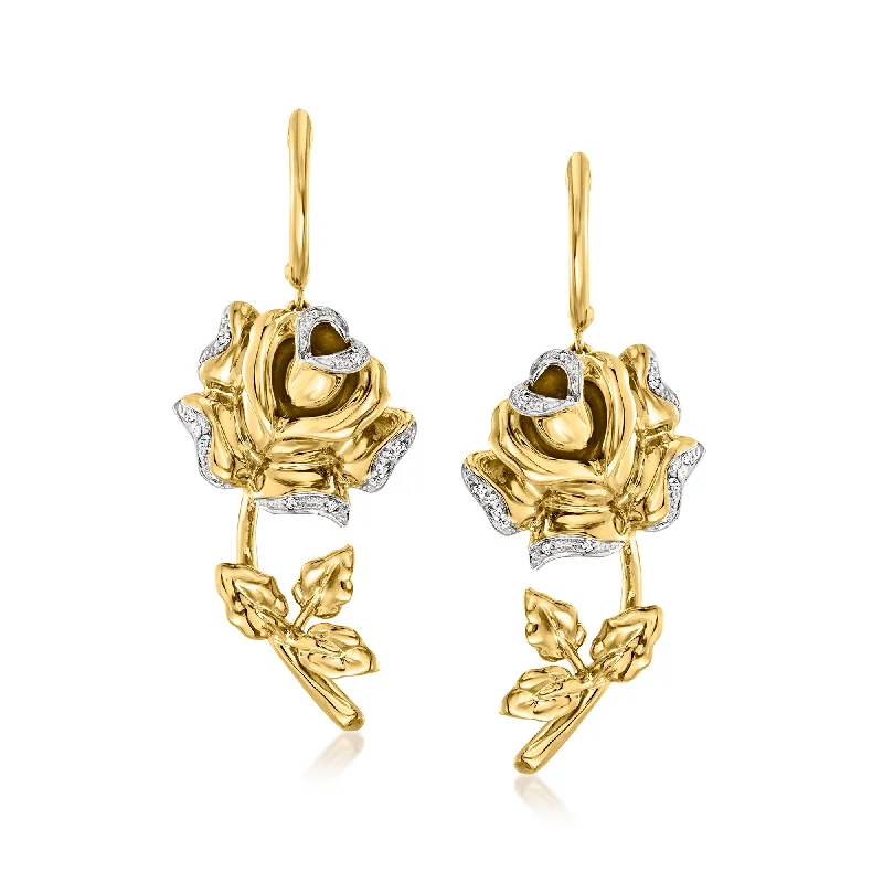 Ross-Simons Diamond-Accented Rose Drop Earrings in 18kt Gold Over Sterling