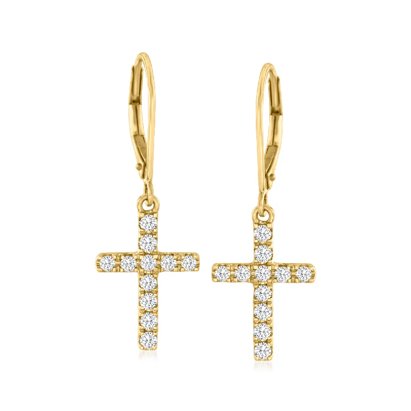 Ross-Simons Diamond Cross Drop Earrings in 14kt Yellow Gold