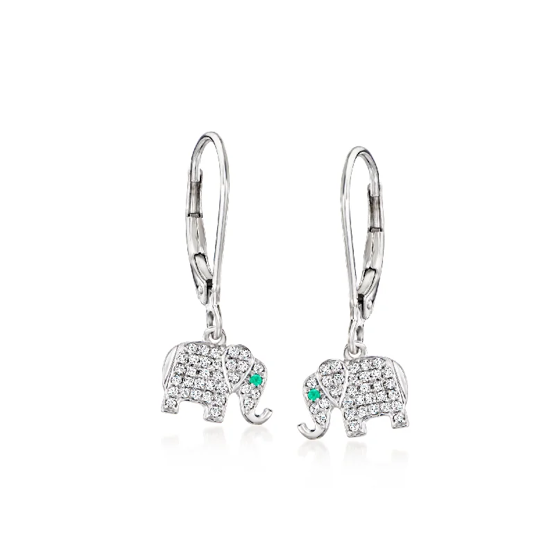 Ross-Simons Diamond Elephant Drop Earrings With Emerald Accents in Sterling Silver