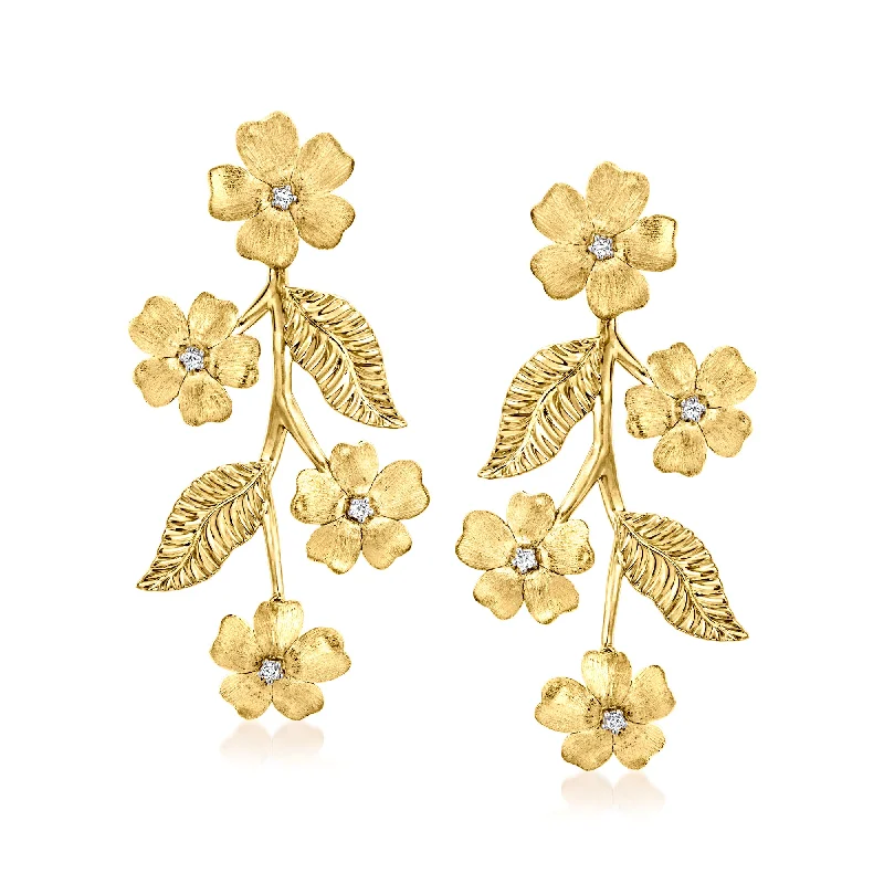 Ross-Simons Diamond Flower Vine Drop Earrings in 18kt Gold Over Sterling