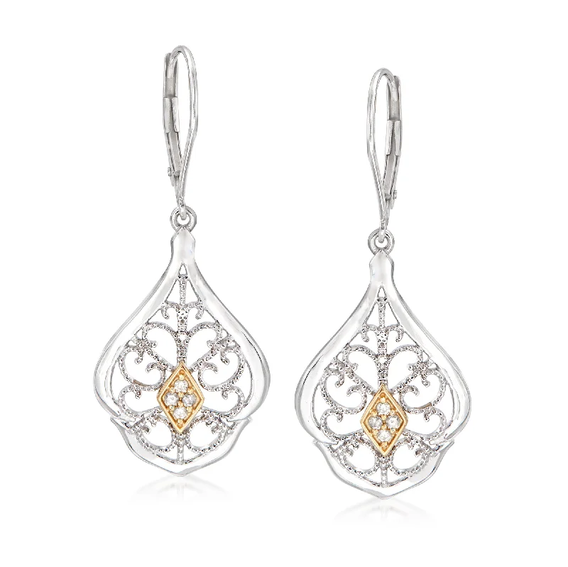 Ross-Simons Diamond Openwork Drop Earrings in Sterling Silver and 14kt Yellow Gold